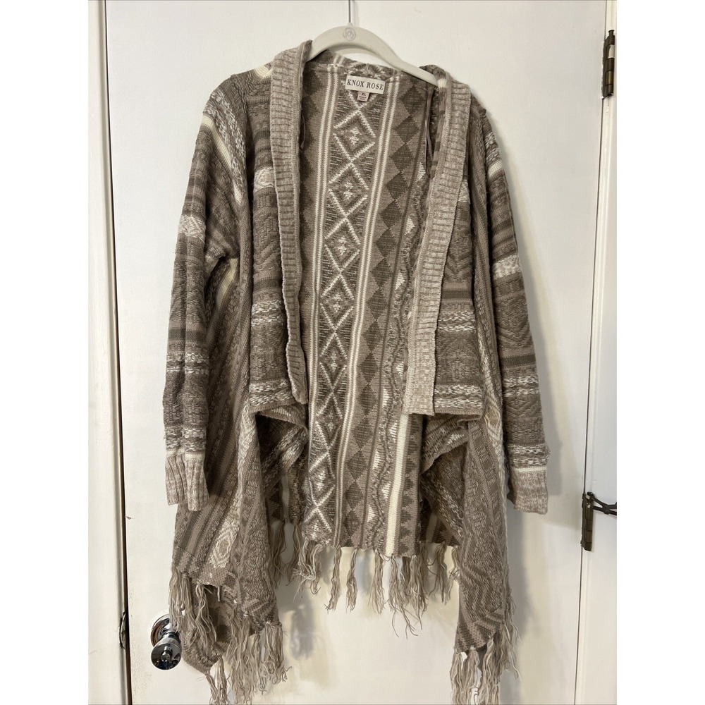 Knox Rose Open Front Cardigan Sweater Aztec‎ Fringe Trim Cozy Knit Women's XL